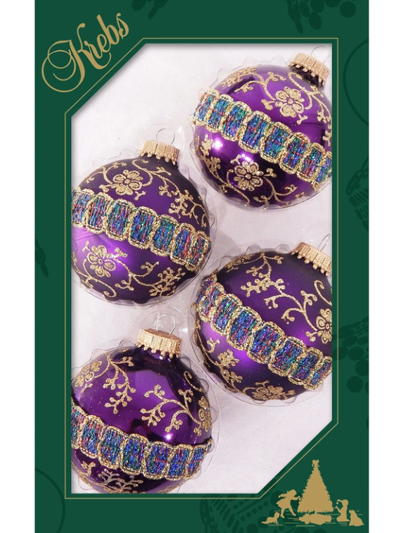 Box of 4 Plum Ball Ornaments Glass Glitterlace