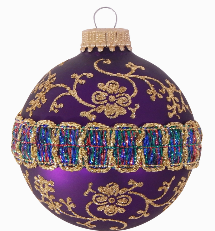 Box of 4 Plum Ball Ornaments Glass Glitterlace
