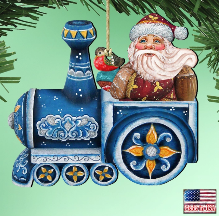 Train Riding Santa Wooden Ornament