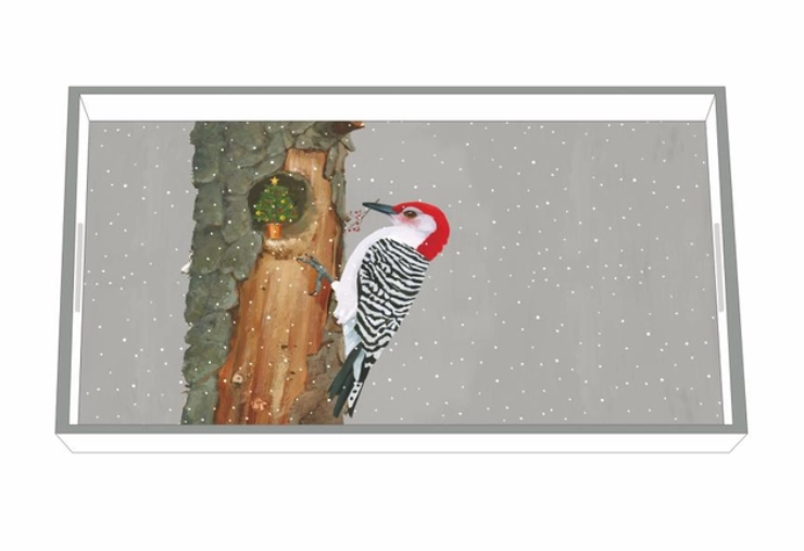 Wood Lacquer Tray - Christmas Woodpecker