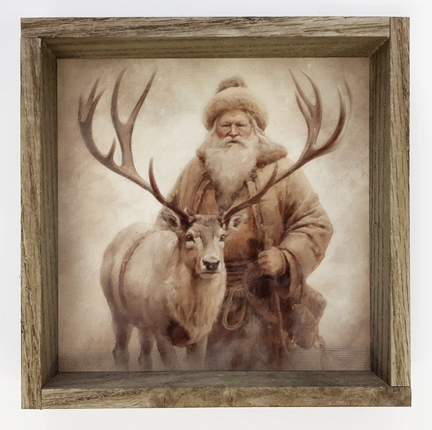 Vintage Santa & Reindeer Framed Canvas Print