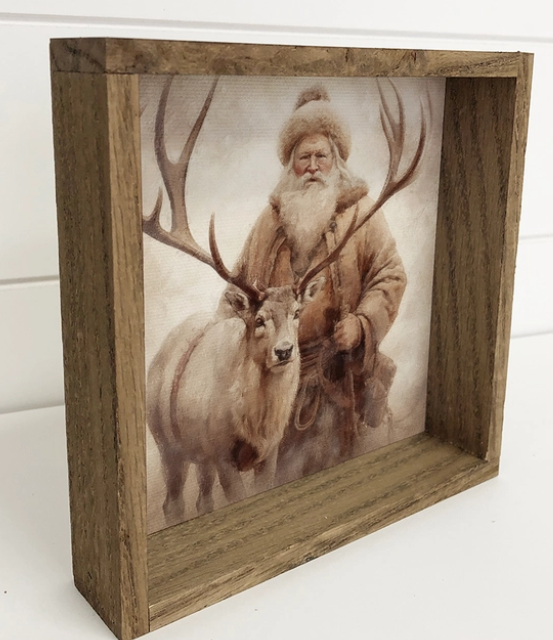 Vintage Santa & Reindeer Framed Canvas Print