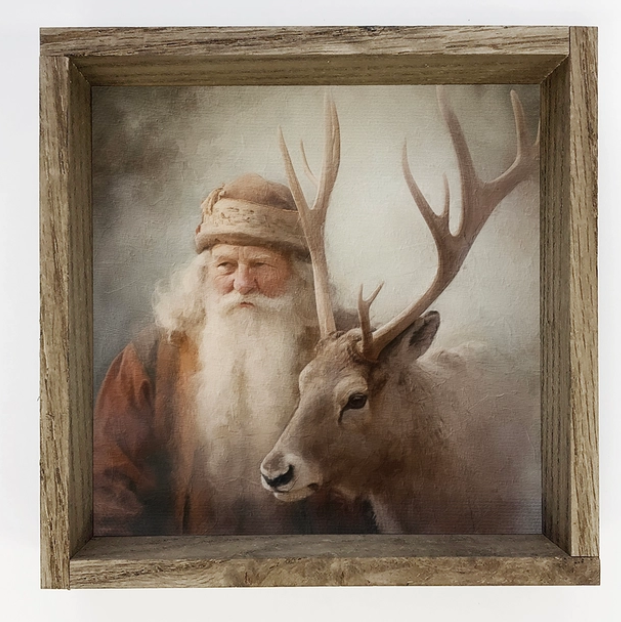 Vintage St. Nick & Reindeer Framed Canvas Print