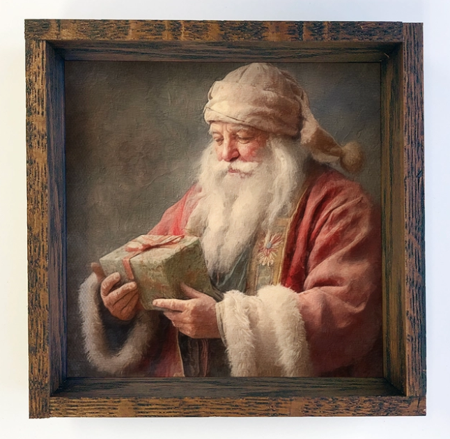 Vintage Santa Holding Gift Framed Canvas Print