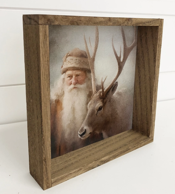 Vintage St. Nick & Reindeer Framed Canvas Print