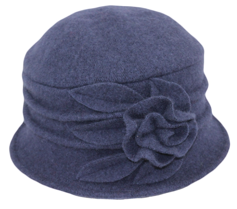 Navy Flower Cloche Boiled Wool Hat 