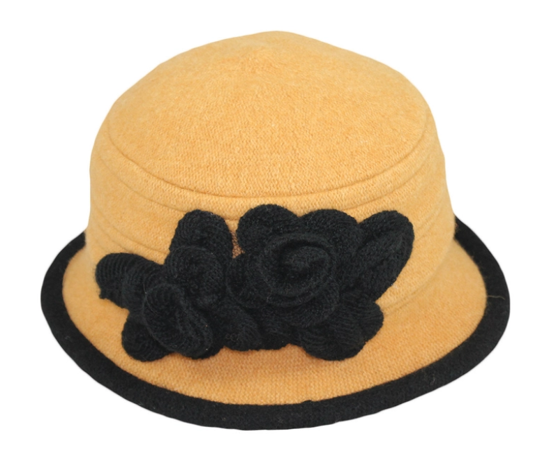 Mustard/Black Double Flower Cloche Boiled Wool Hat