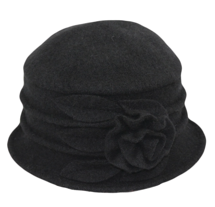 Black Flower Cloche Boiled Wool Hat 