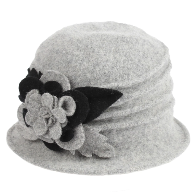Grey w/ Black Petals Cloche Boiled Wool Hat 