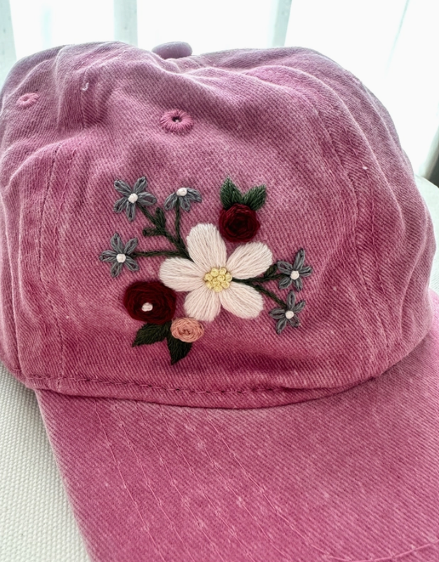 Pink with White Flower Embroidered Baseball Hat