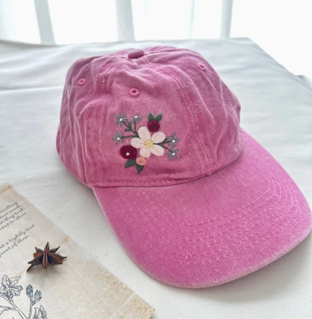 Pink with White Flower Embroidered Baseball Hat