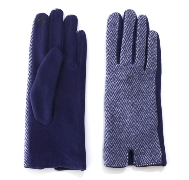 Blue Herringbone Tweed Touchscreen Gloves 