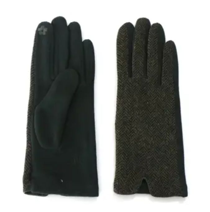 Green Herringbone Tweed Touchscreen Gloves