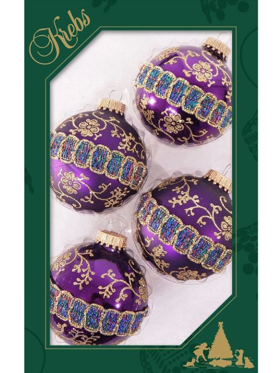 Box of 4 Plum Ball Ornaments Glass Glitterlace