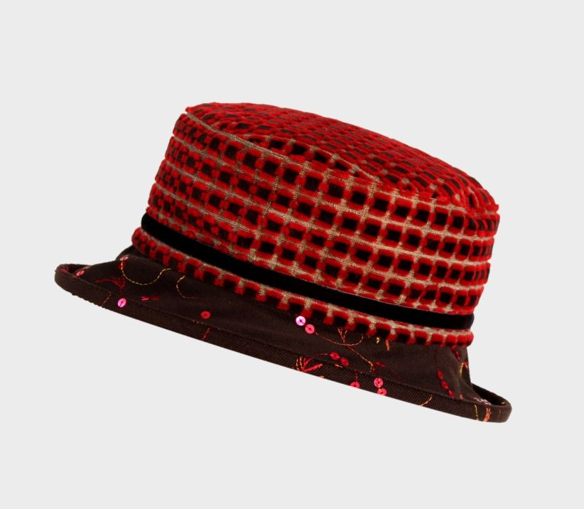 PH Small Brim Winter Vintage Fabric Hat Brown and Red Sequins