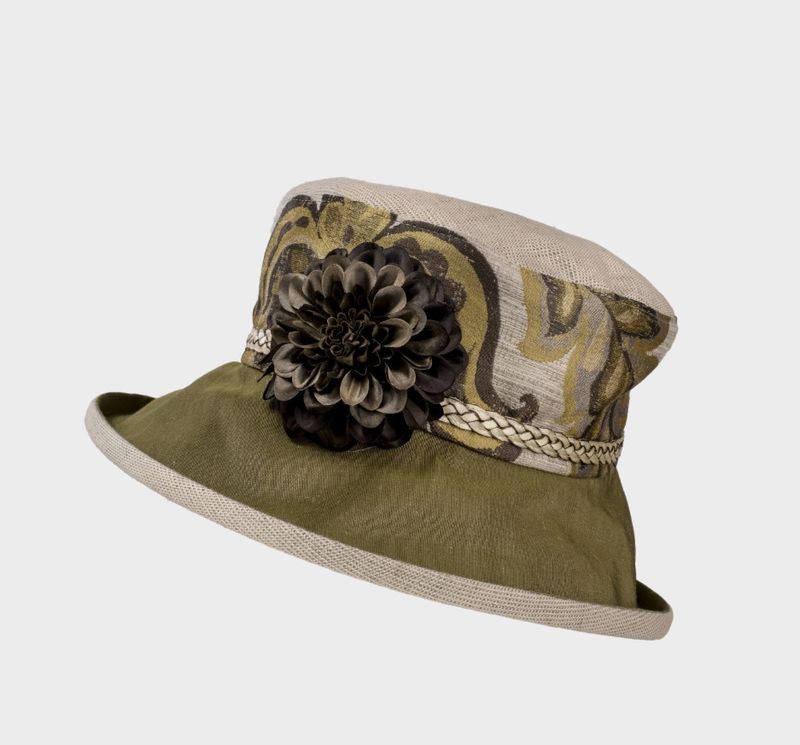 PH Olive and Cream Vintage Fabric Hat with Flower