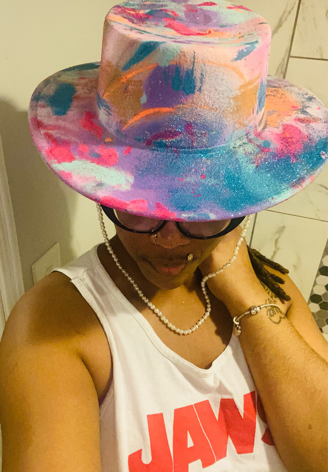Colorful Painted Flat Top Hat With Pearls