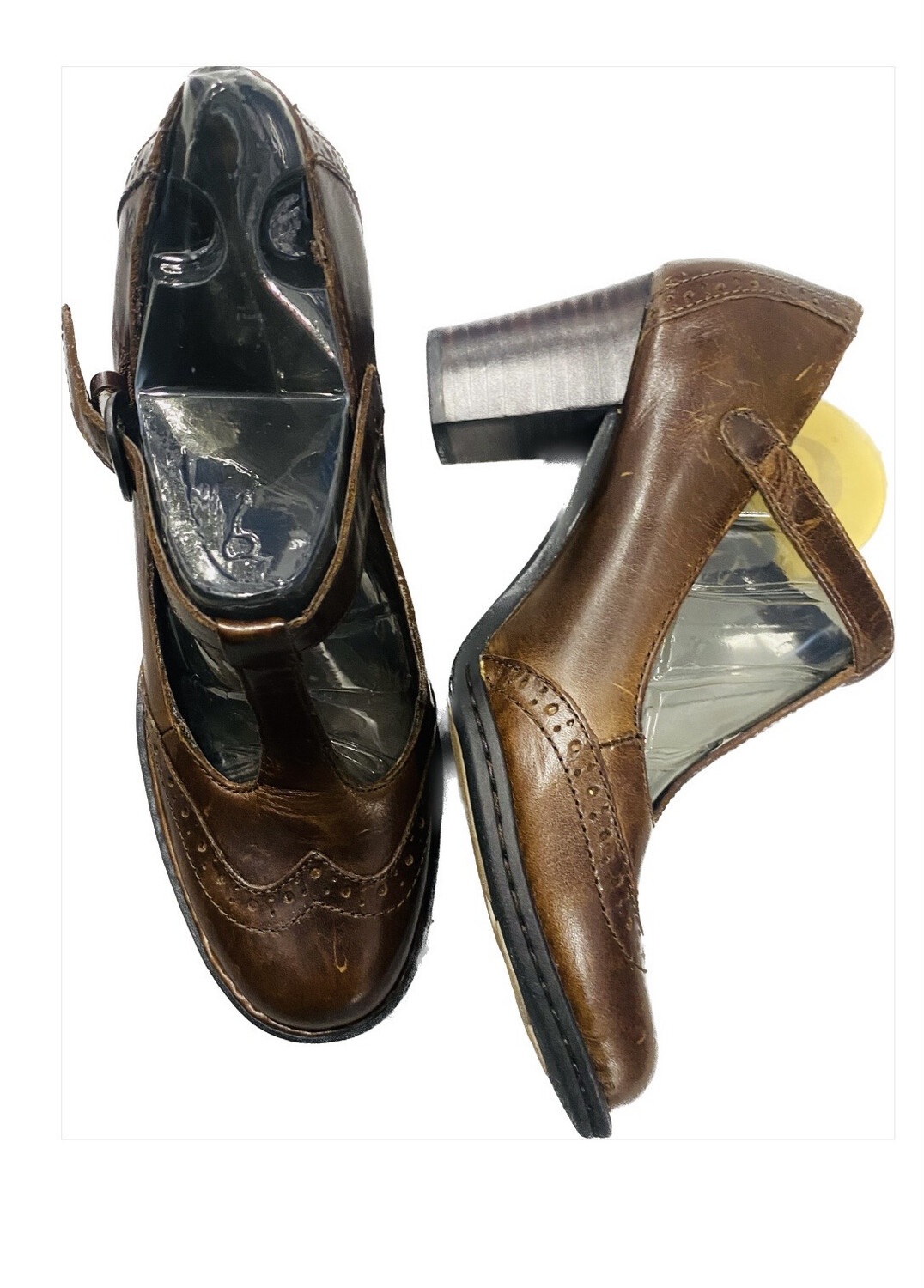 Born Brown Leather- Polyana T-Strap Heels