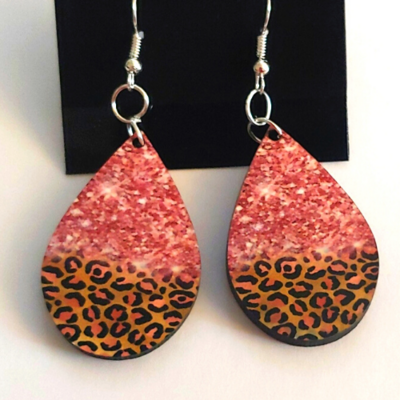 Pink Faux Sparkle and Leopard Earrings