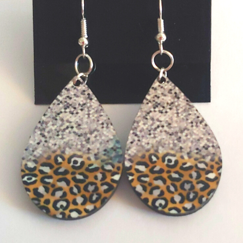 Silver Faux Sparkle and Leopard Earrings