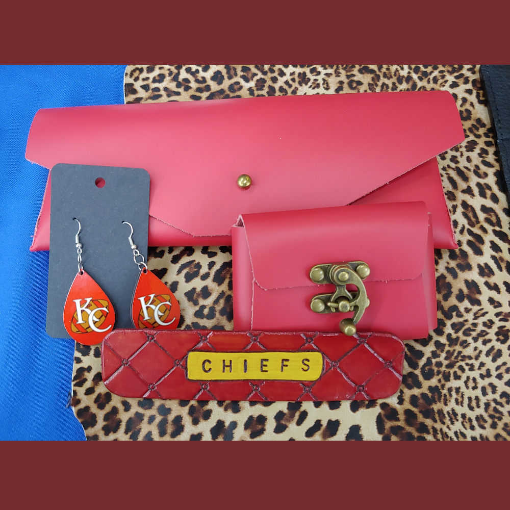 Clutch, Business Card Holder, Bookmark and Red Earrings Bundle