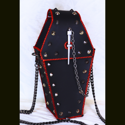 Black Coffin Purse Red Stitching Genuine Leather Handcrafted