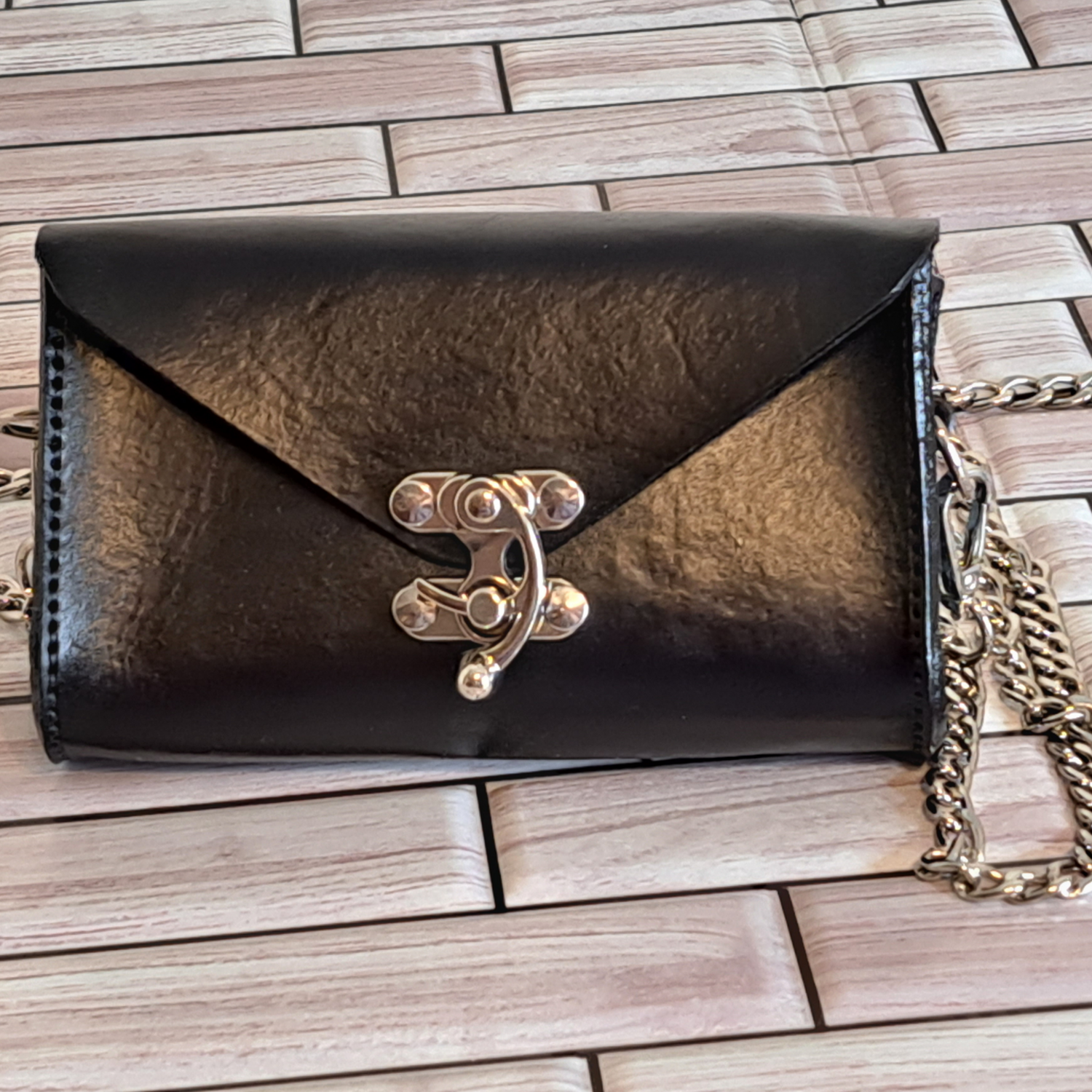 Black Leather Clutch Purse with Removable Crossbody Chain Strap