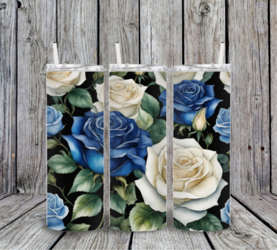 3D White and Blue Rose Tumbler Wrap 20 oz Skinny PNG