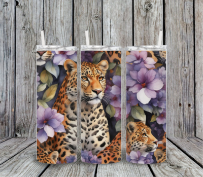 Leopard Print with Purple Flowers Tumbler Wrap 20 oz Skinny