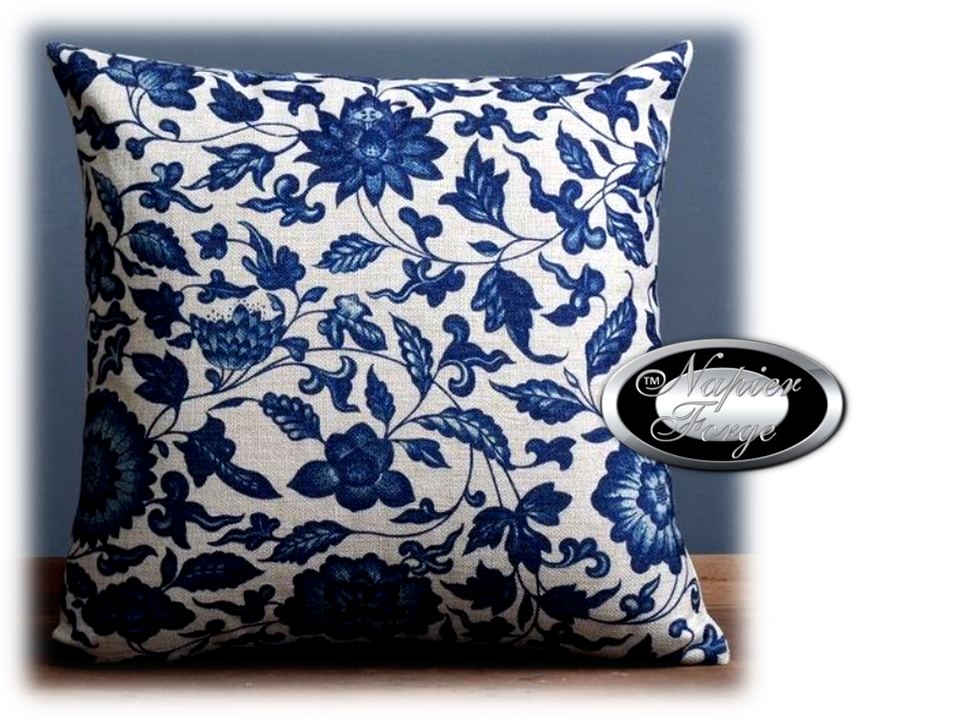 Farmhouse Cotton Linen Blend Cushion Cover 45cm x 45cm - Design Vintage Blue & White *Free Shipping