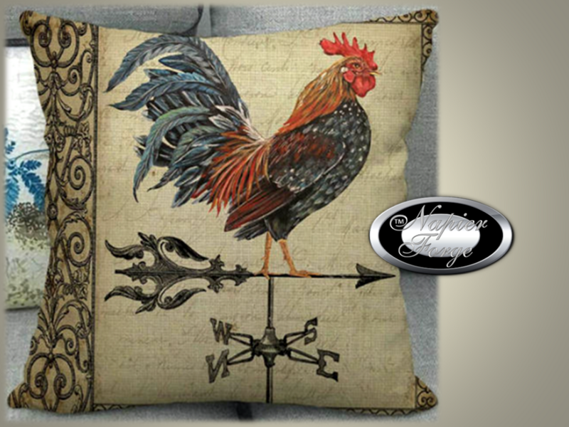 Farmhouse Cotton Linen Cushion 45cm x 45cm - Vintage Rooster *Free Shipping