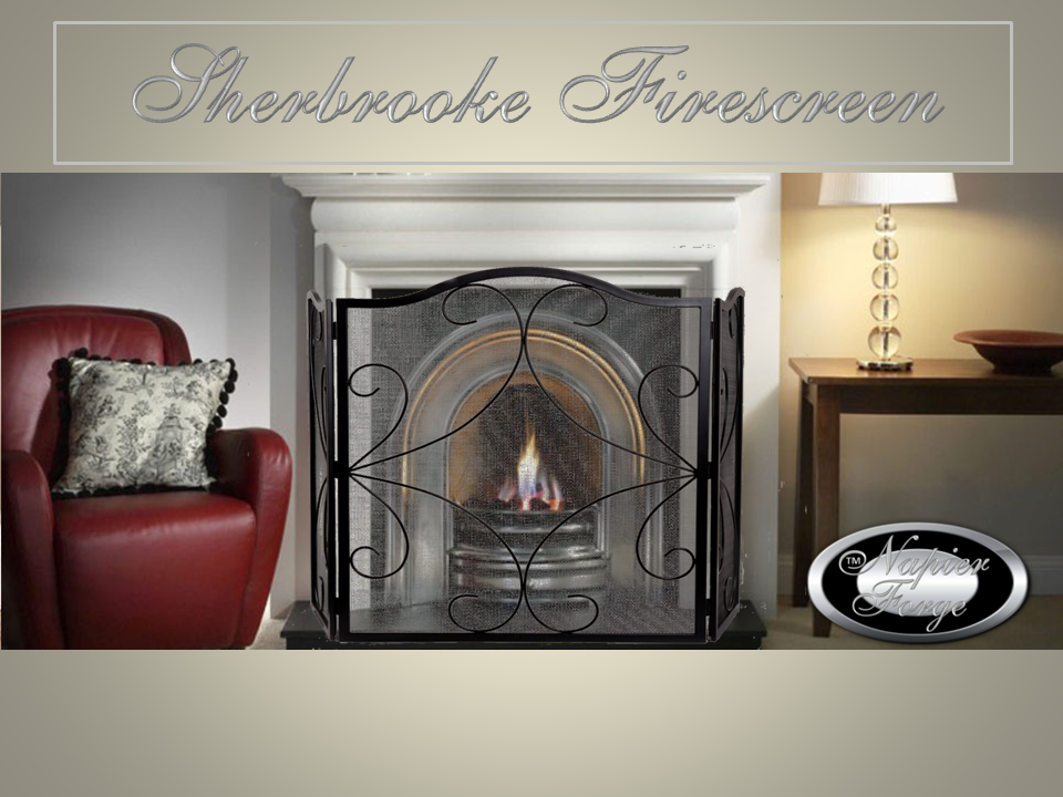 SHERBROOKE Firescreen Wrought Iron Style Arch 3 panel adjustable fireplace guard/screen