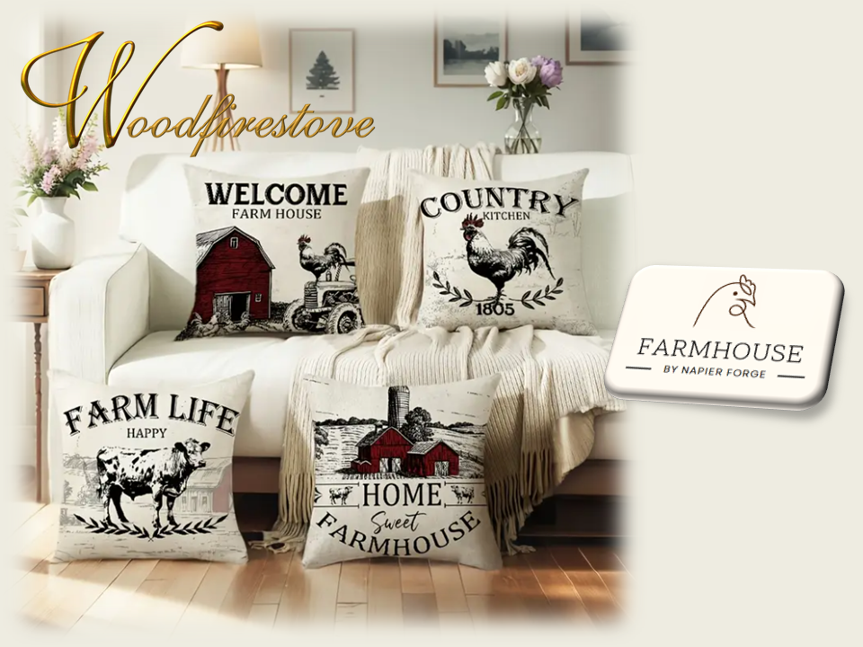 Farmhouse Cotton Linen Blend Cushion Cover 45cm x 45cm - Design COUNTRY FARM LIFE  (Set of 4)