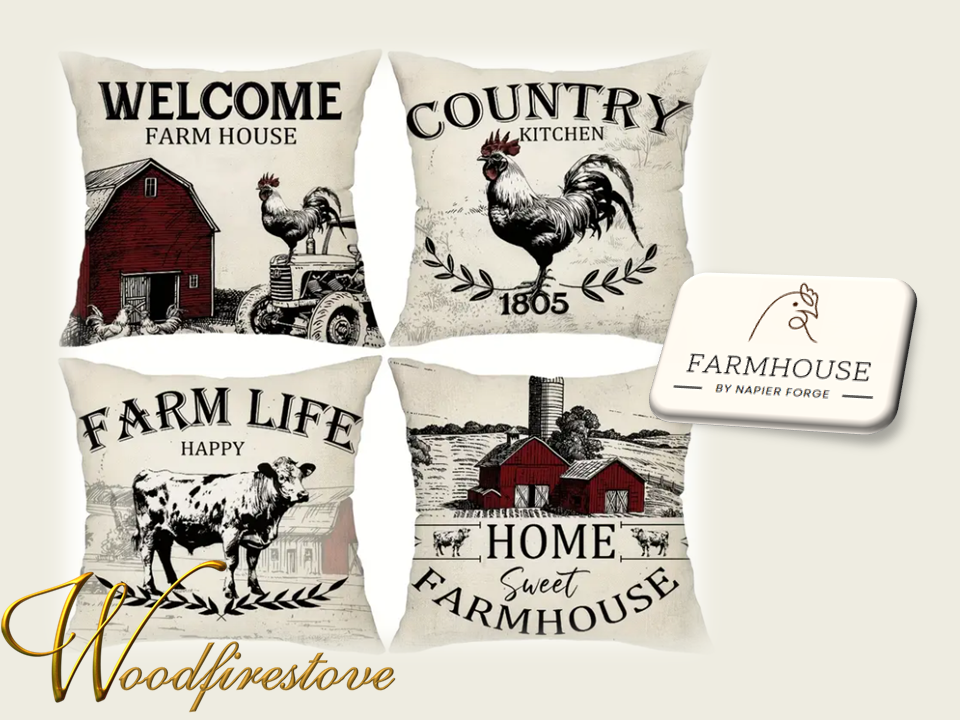Farmhouse Cotton Linen Blend Cushion Cover 45cm x 45cm - Design COUNTRY FARM LIFE  (Set of 4)