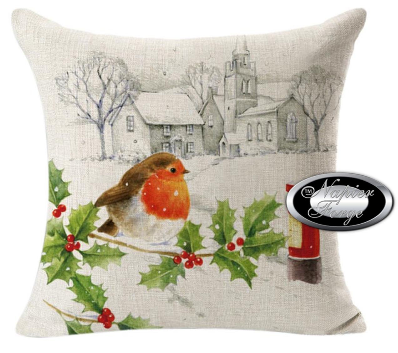Farmhouse Cotton Linen Blend Cushion Cover 45cm x 45cm - Design Classic Winter Robin *Free Shipping