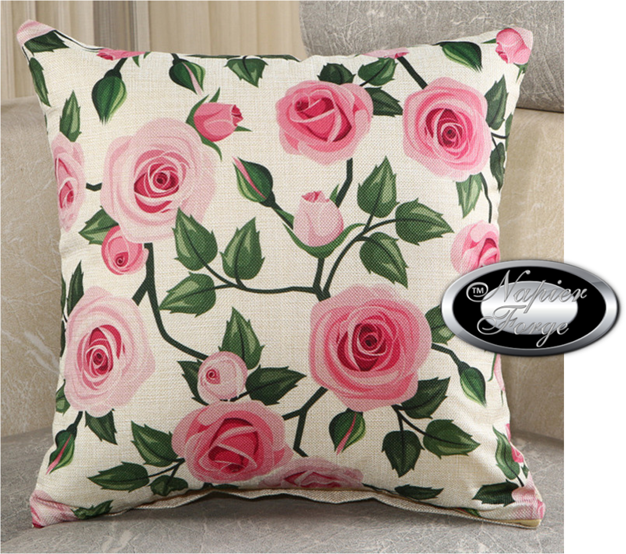 Farmhouse Cotton Linen Blend Cushion Cover 45cm x 45cm - Design Shades of Pink English Rose *Free Shipping
