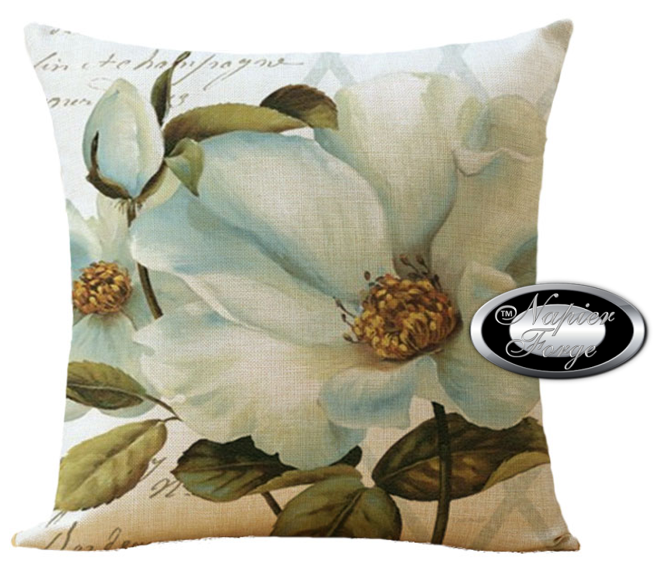 Farmhouse Cotton Linen Blend Cushion Cover 45cm x 45cm - Design Classic Blue Camelia *Free Shipping