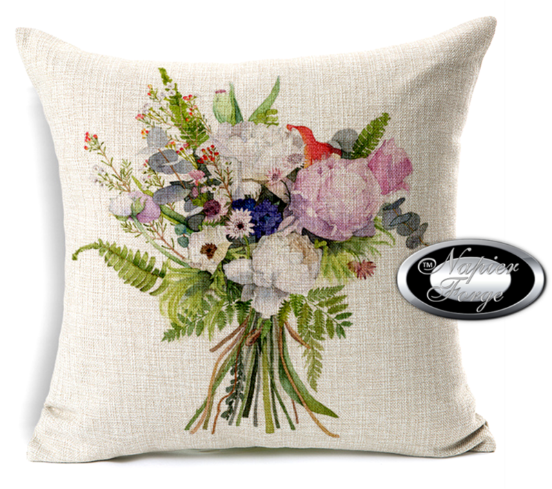 Farmhouse Cotton Linen Blend Cushion Cover 45cm x 45cm - Design Cottage Bouquet *Free Shipping
