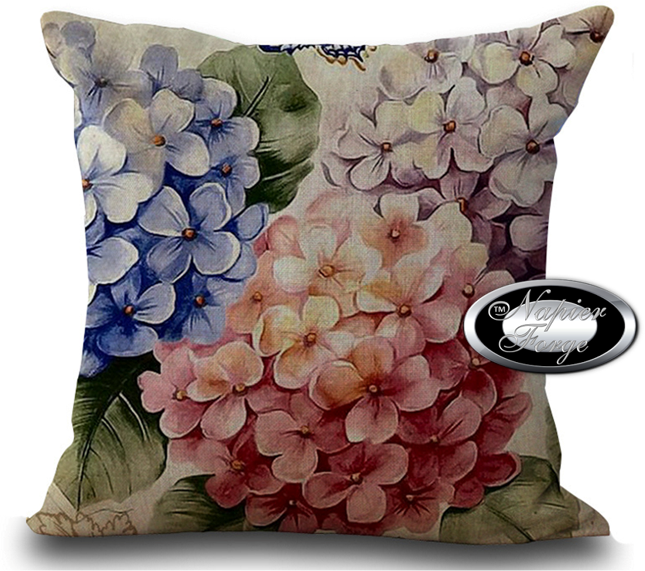 Farmhouse Cotton Linen Blend Cushion Cover 45cm x 45cm - Design Vintage Hydrangea Bouquet *Free Shipping
