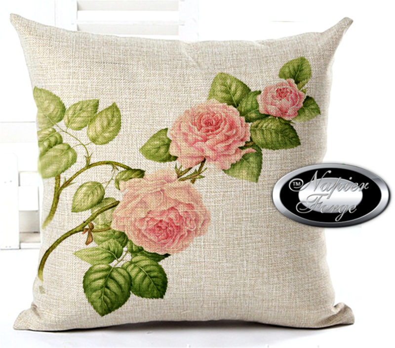 Farmhouse Cotton Linen Blend Cushion Cover 45cm x 45cm - Design Classic Rose Spray *Free Shipping