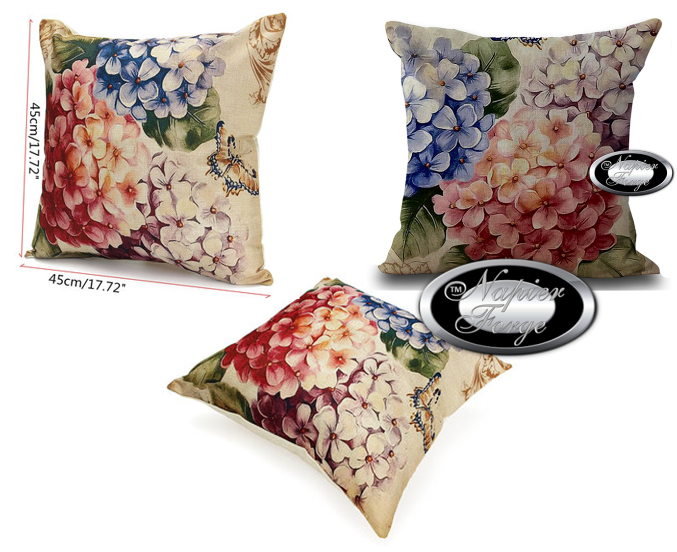 Farmhouse Cotton Linen Blend Cushion Cover 45cm x 45cm - Design Vintage Hydrangea Bouquet