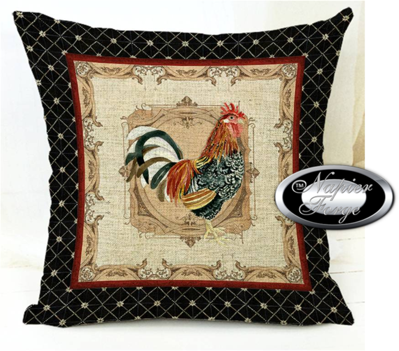 Farmhouse Cotton Linen Blend Cushion Cover 45cm x 45cm - Design Classic Rooster Navy Blue Boarder