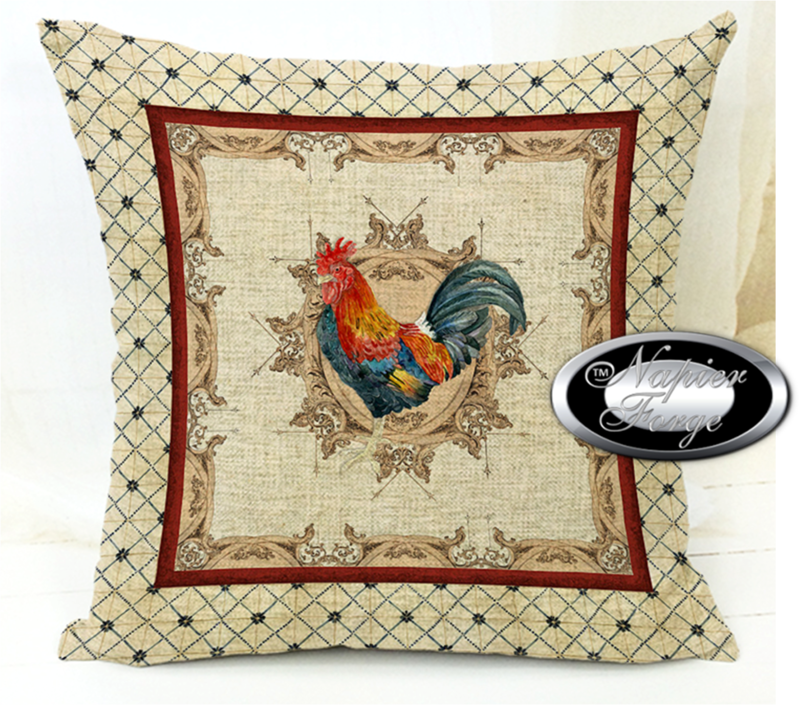 Farmhouse Cotton Linen Blend Cushion Cover 45cm x 45cm - Design Classic Rooster Cream Boarder
