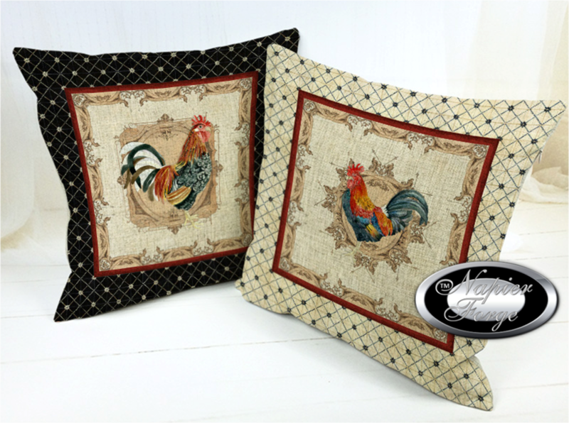 Farmhouse Cotton Linen Blend Cushion Cover 45cm x 45cm - (Set of 2) Design Classic Rooster (1 x Navy & 1 x Cream Boarder)