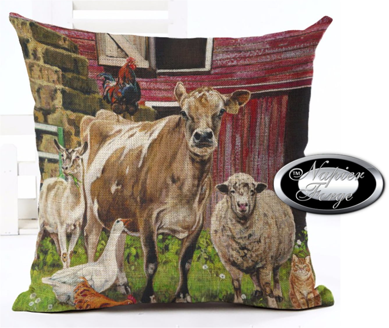 Farmhouse Cotton Linen Blend Cushion Cover 45cm x 45cm - Design Country Homestead Farm Animals