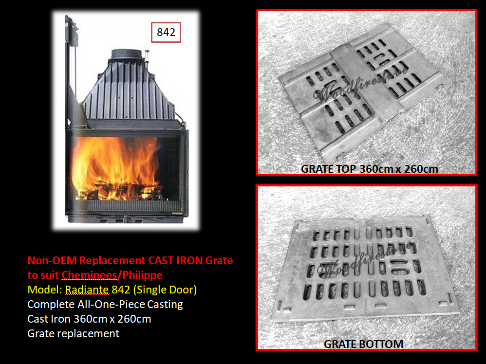 Cheminees Philippe Radiant #842 CAST IRON GRATE improved replacement suitable for #842 (Single Door) Model Non-OEM