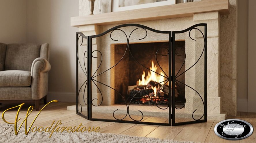 SHERBROOKE Firescreen Wrought Iron Style Arch 3 panel adjustable fireplace guard/screen