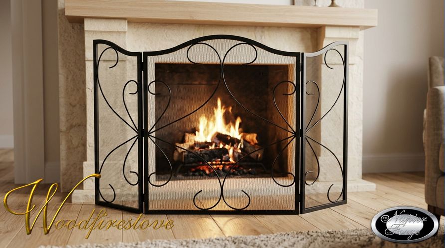 SHERBROOKE Firescreen Wrought Iron Style Arch 3 panel adjustable fireplace guard/screen