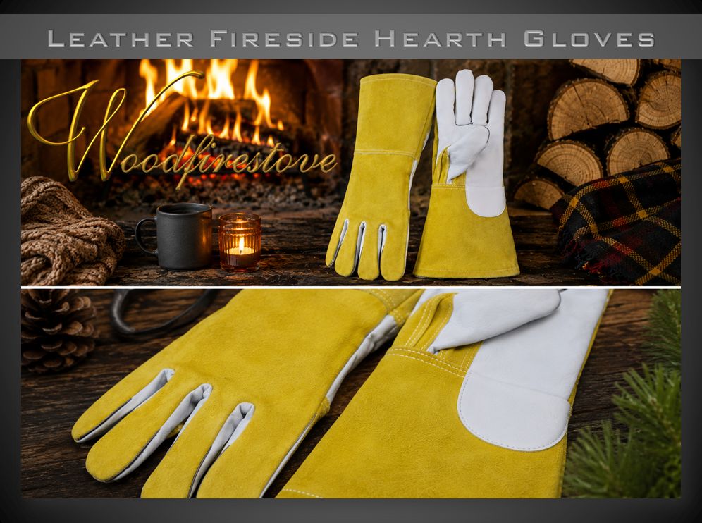 Premium Fireplace fire resistant LEATHER GLOVES Gold & White / Fireside