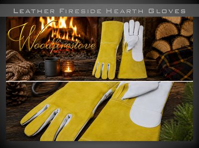 Premium Fireplace fire resistant LEATHER GLOVES Gold & White / Fireside